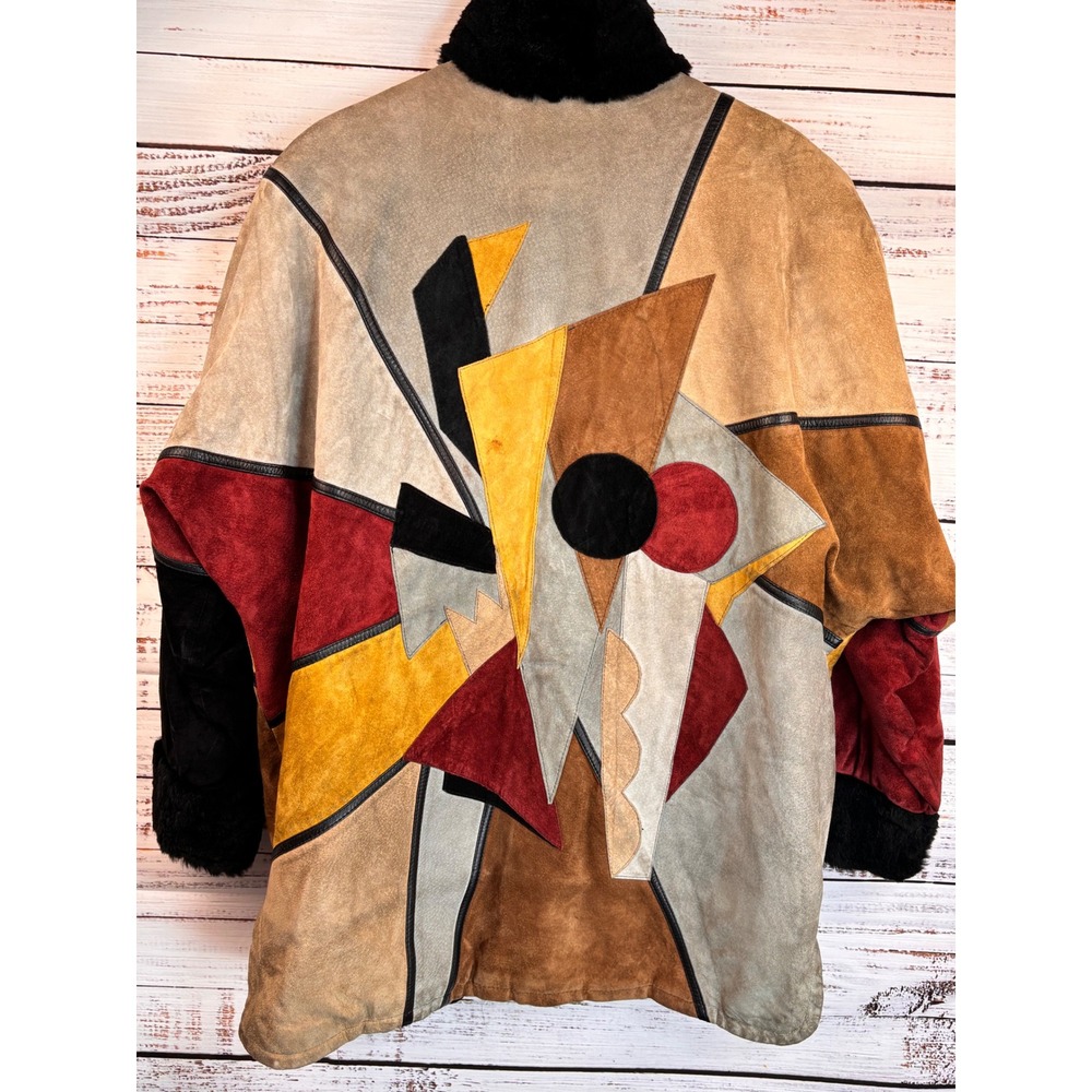 Vintage 80s Suede Leather Patchwork Jacket Fur Collar Geometric Art Earth L‎ OOK - Picture 14 of 15